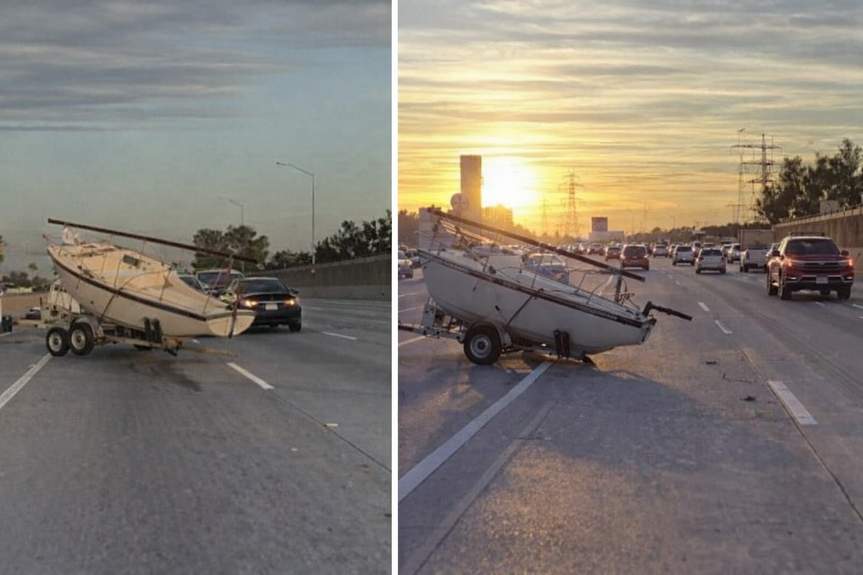 A Bizarre Encounter: Driver Escapes Disaster as Boat Runs Loose on Freeway